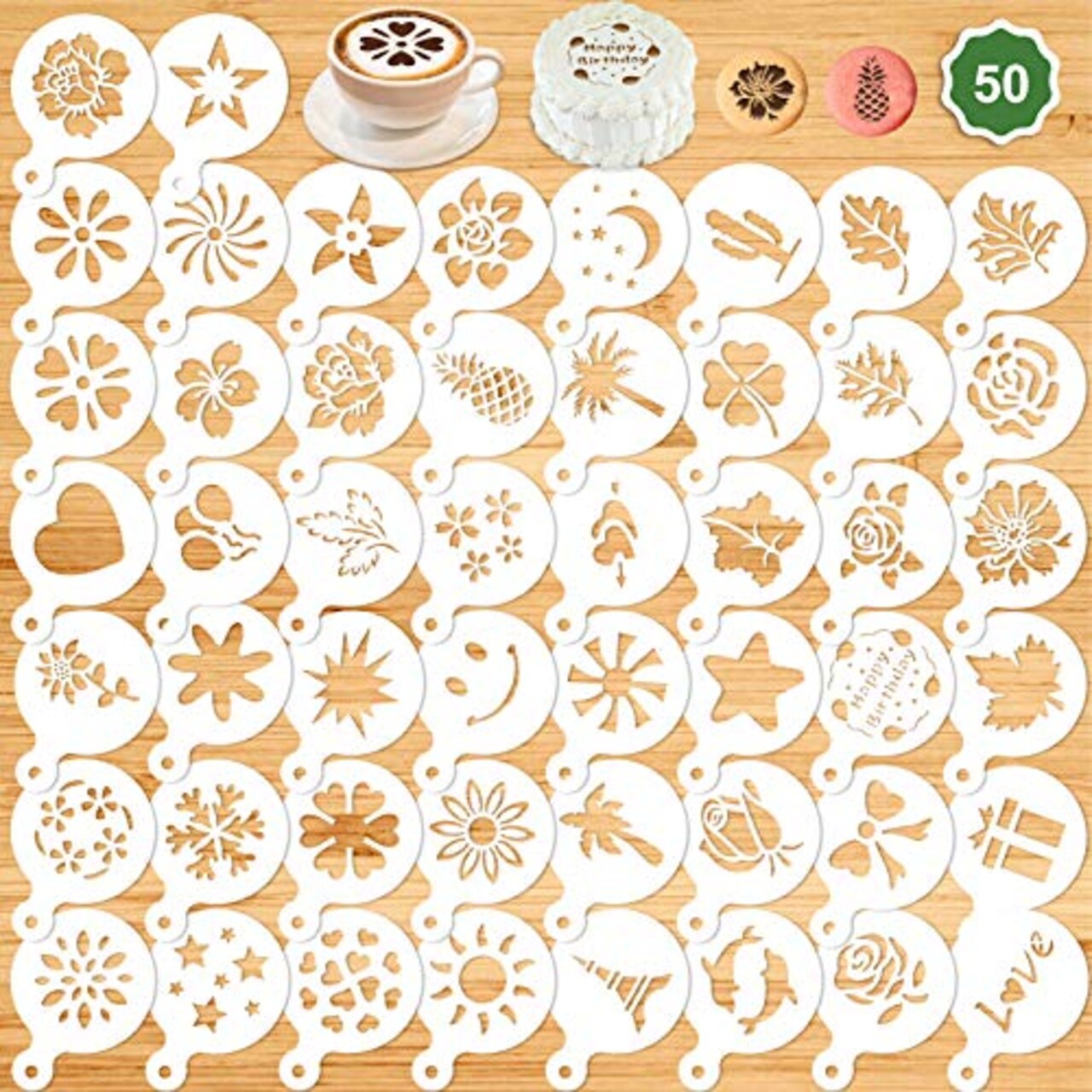 50 Pieces Cake Stencil Templates Decoration, Reusable Cake Cookies Baking Painting Journal Mold Tools, Dessert, Coffee Decorating Molds Cappuccino Mousse Hot Chocolate for DIY Craft Decor